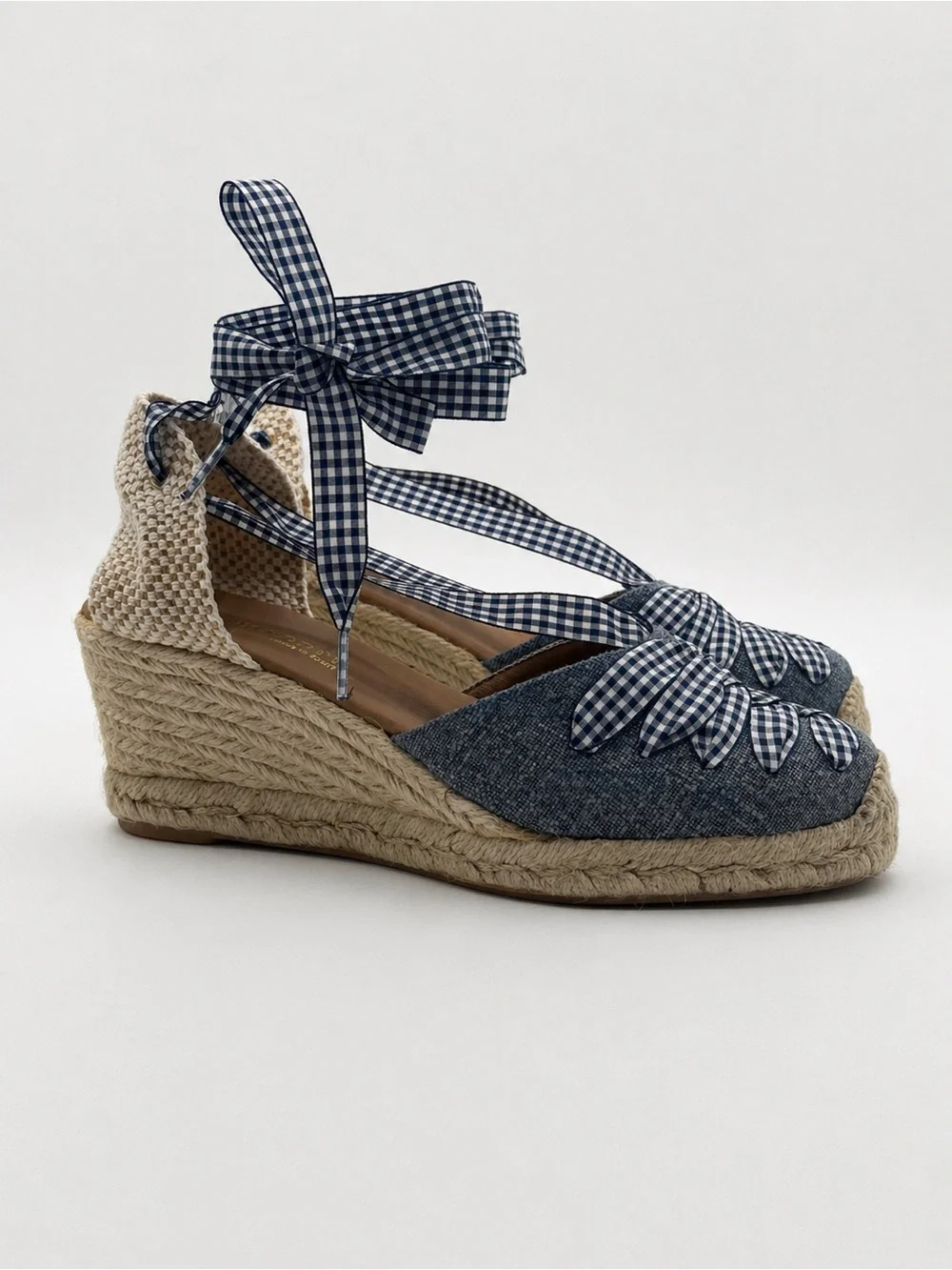 Paseart Denim Espadrille Wedge Sandals Blue Gingham Lace-Up Ankle Tie Platform